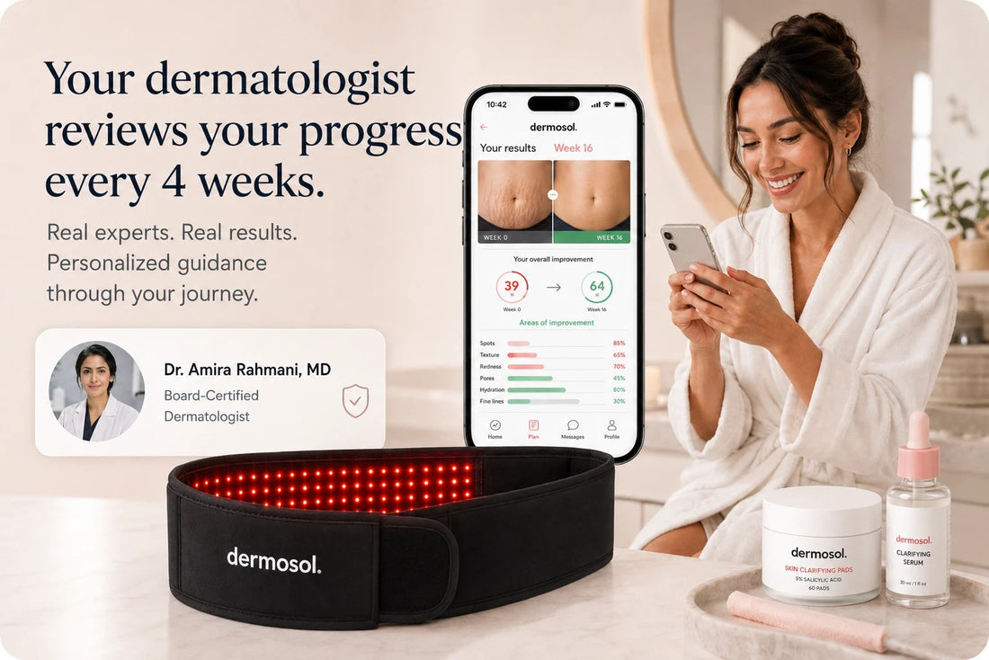 Your dermatologist reviews your Week 0 vs Week 16 progress in the Dermosol app