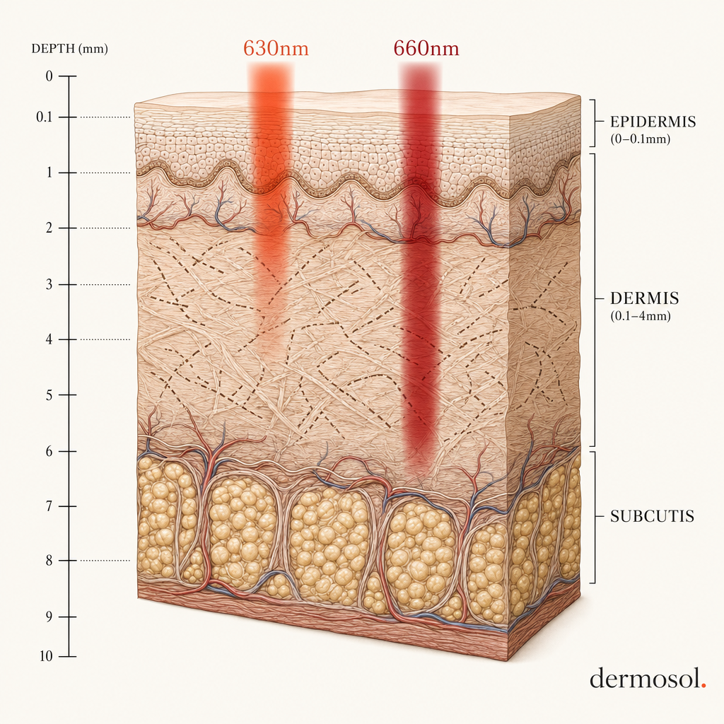 Skin cross-section diagram showing 630nm and 660nm wavelengths penetrating to the dermis