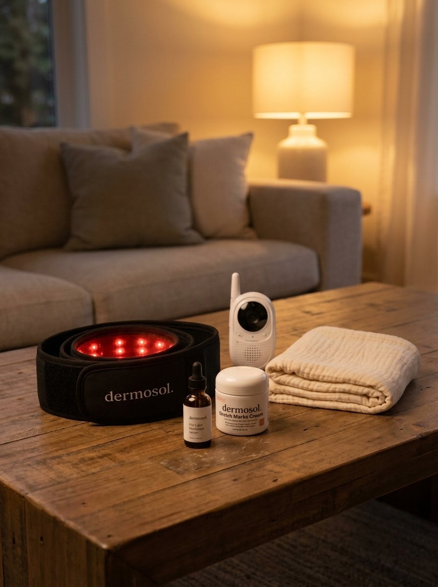 The Dermosol kit on the coffee table — belt, serum, and cream beside the baby monitor